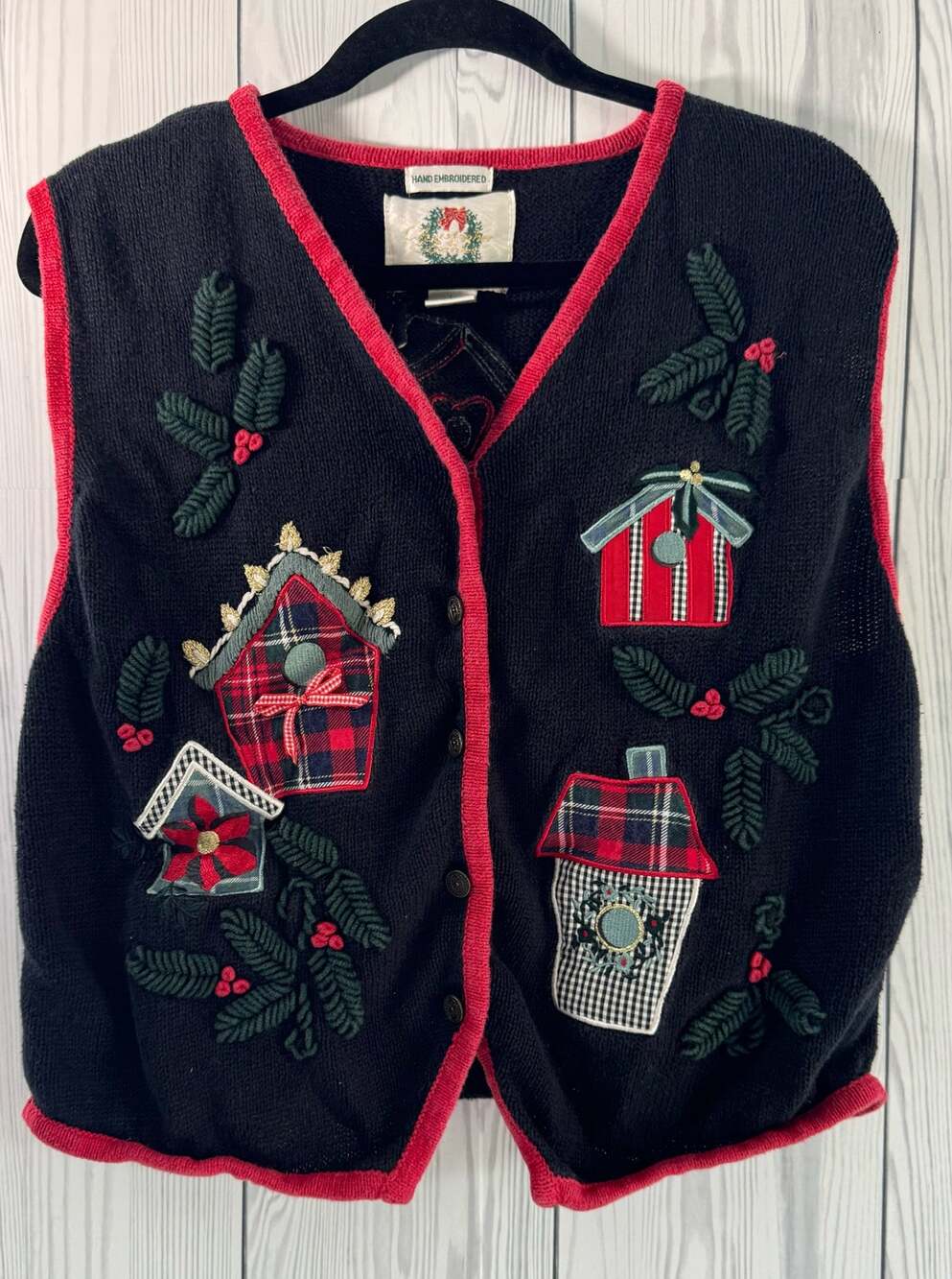 Vintage Christopher & Banks Hand Embroidered Holiday Sweater Vest Womens Large